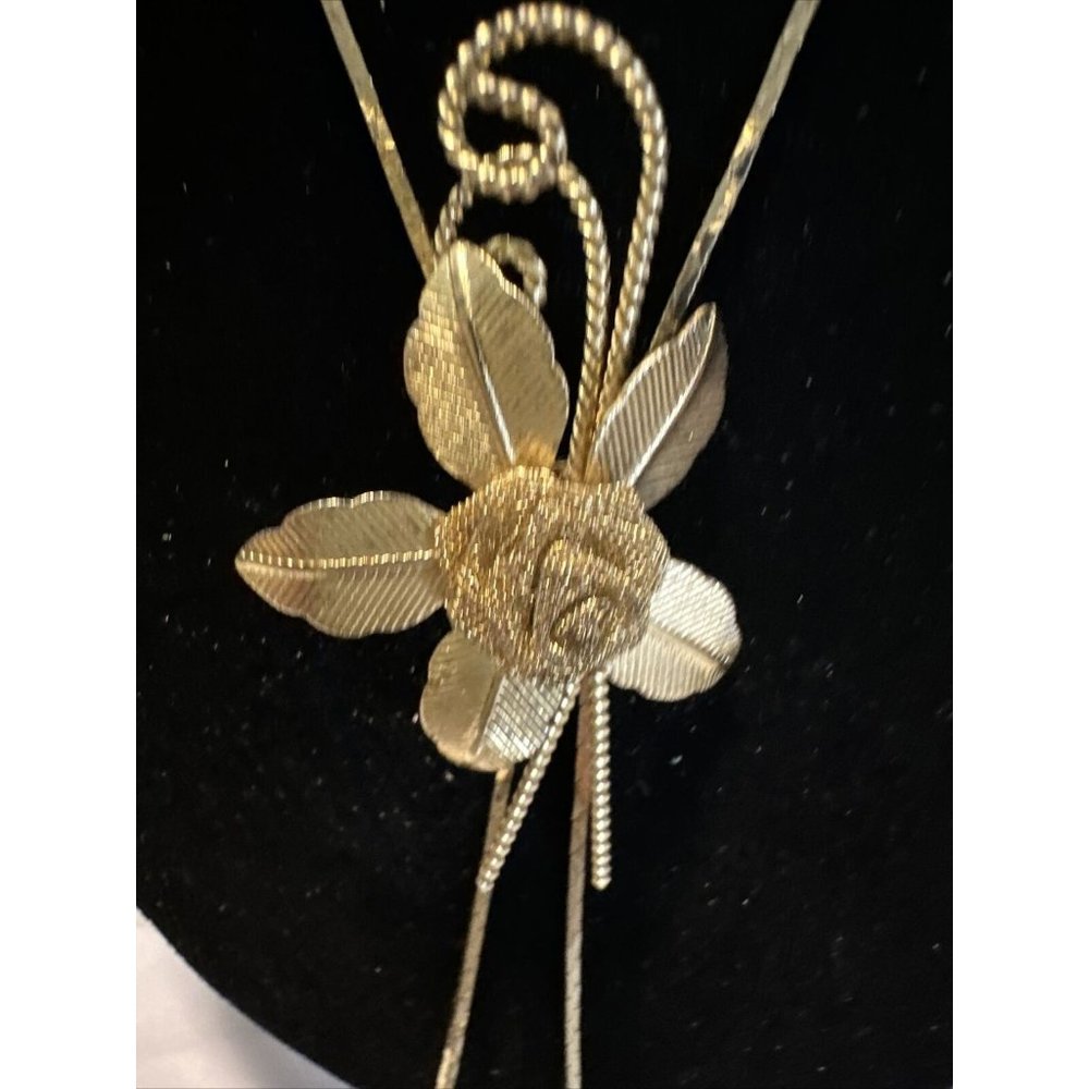 Gold Tone Lariat Bolo Style Slide Ad Necklace With Mesh Rose Pendant Vintage